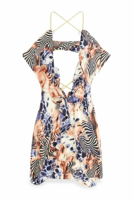 Front view of women’s multicoloured geometric polyester mini, size S, halter pullover