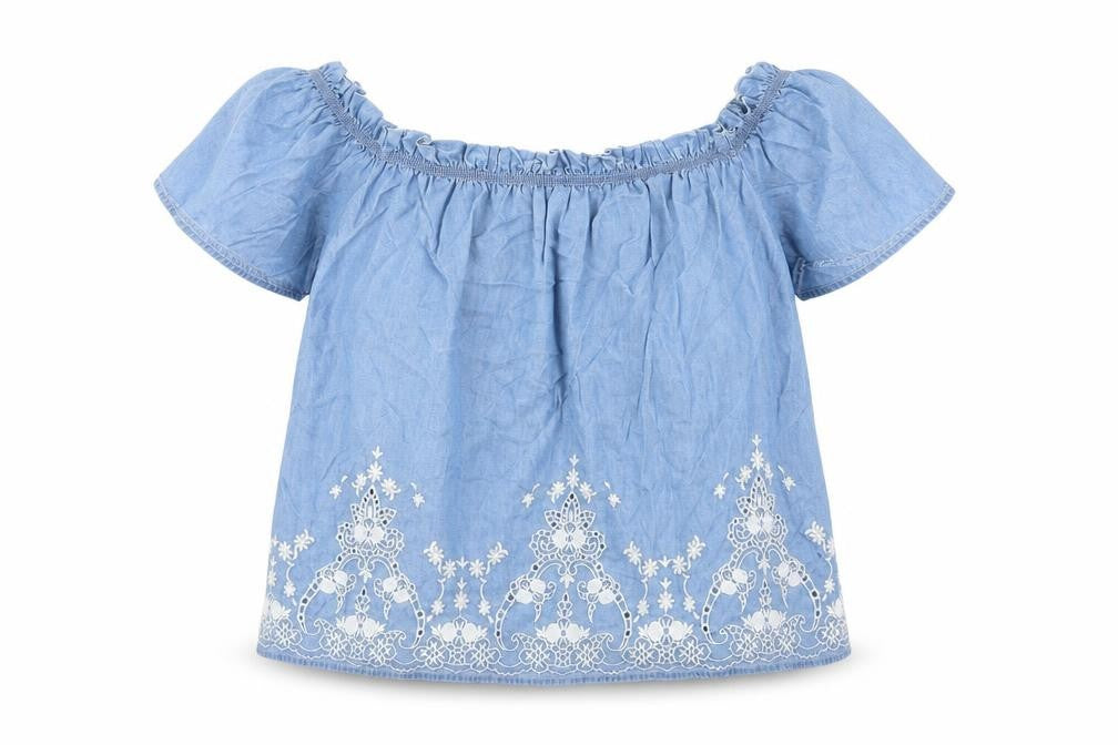 Front view of New Look women’s blue geometric lyocell basic blouse, size UK 10, square neck