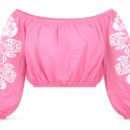 Marks and Spencer Womens Pink Cotton Cropped Blouse Size 14 Boat Neck - Floral Detail