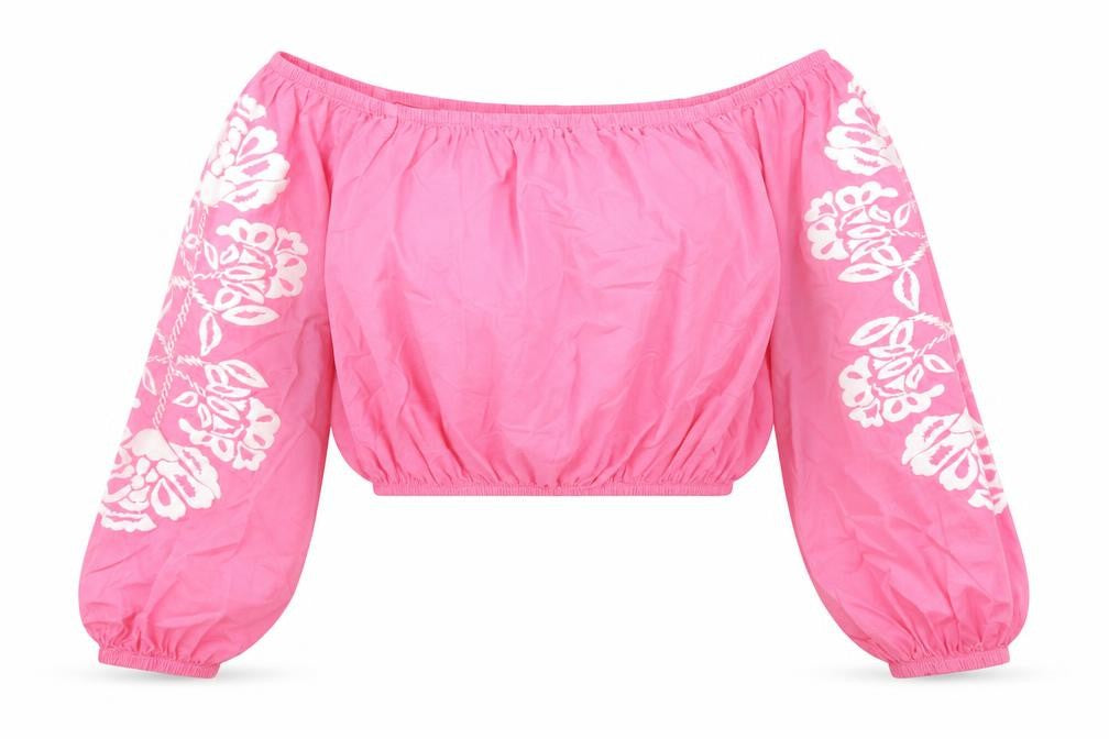 Marks and Spencer Womens Pink Cotton Cropped Blouse Size 14 Boat Neck - Floral Detail