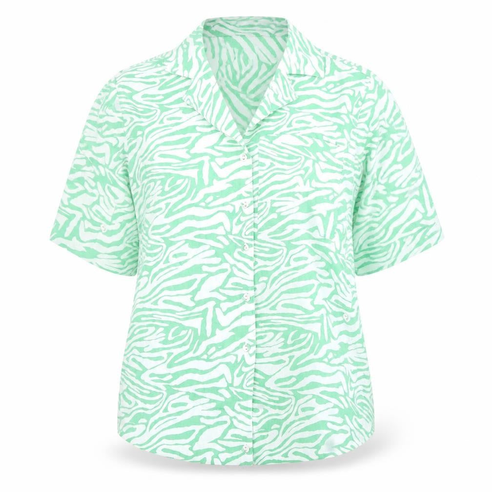 Front view of Marks & Spencer women’s green animal print cotton basic button-up, size UK 6, collared - zebra pattern
