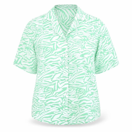 Front view of Marks & Spencer women’s green animal print cotton basic button-up, size UK 6, collared - zebra pattern