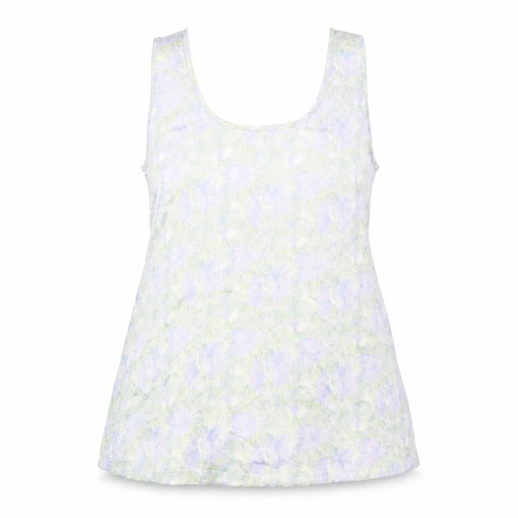 Front view of Marks & Spencer women’s blue geometric viscose basic tank, size UK 10, scoop neck