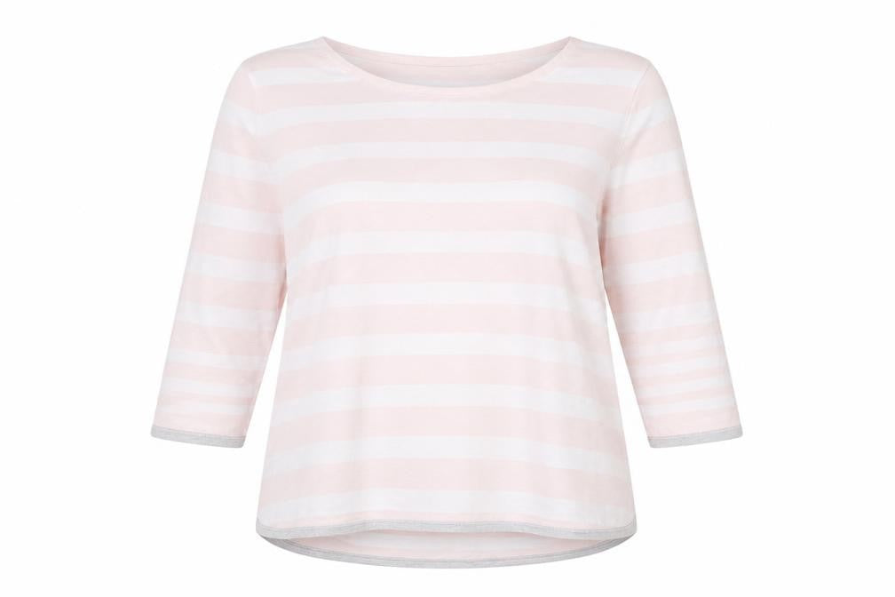 Front view of M&Co women’s pink boat neck striped viscose jumper, size UK 18