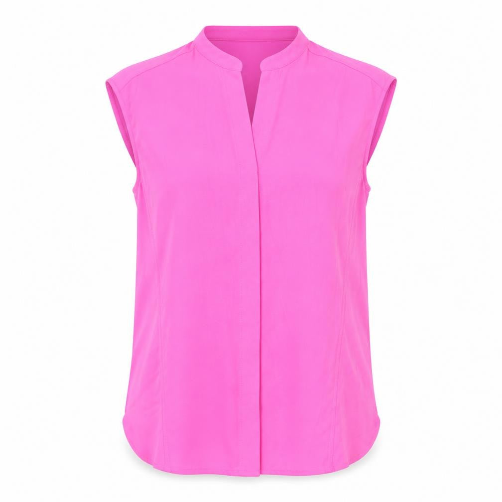 Front view of Warehouse women’s pink polyester basic blouse, size UK 8, v-neck