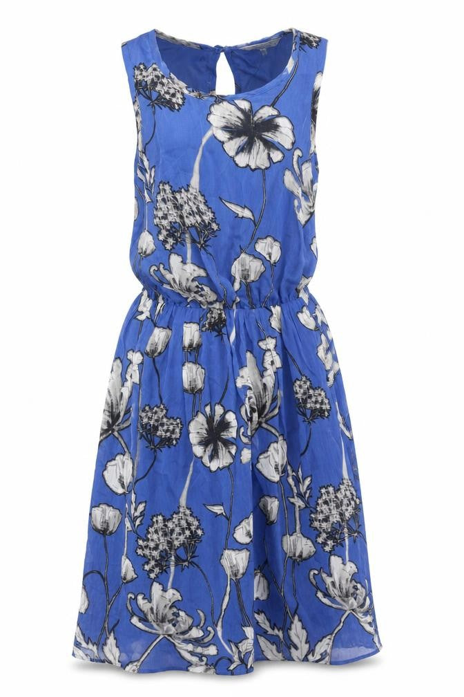 Front view of Peacocks women’s blue floral polyester tank dress, size UK 6, boat neck pullover