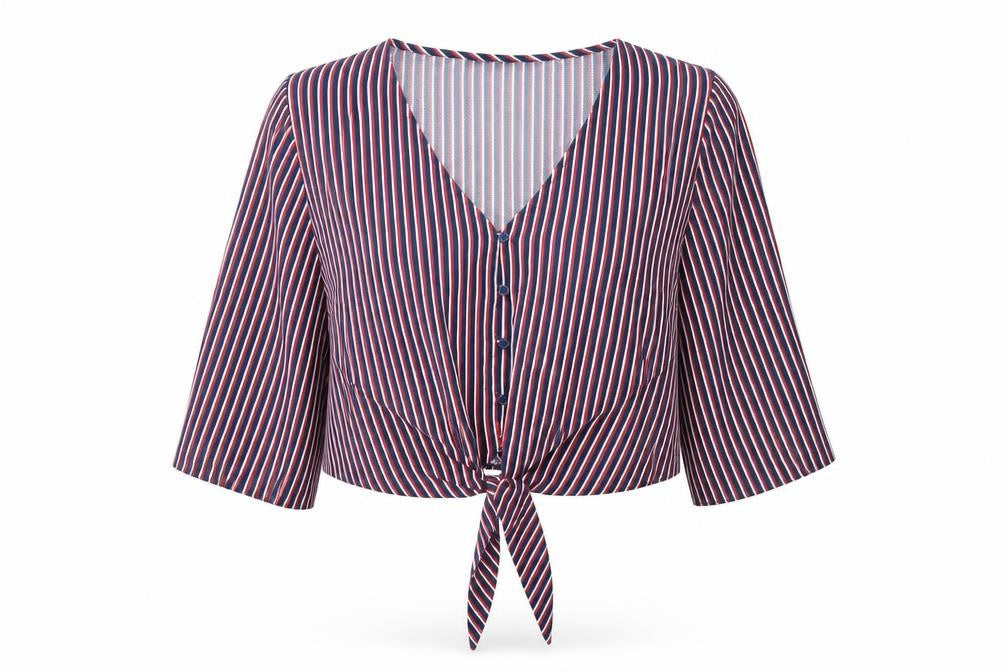 Front view of F&F women’s multicoloured striped polyester cropped button-up, size UK 16, v-neck
