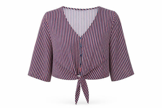 Front view of F&F women’s multicoloured striped polyester cropped button-up, size UK 16, v-neck