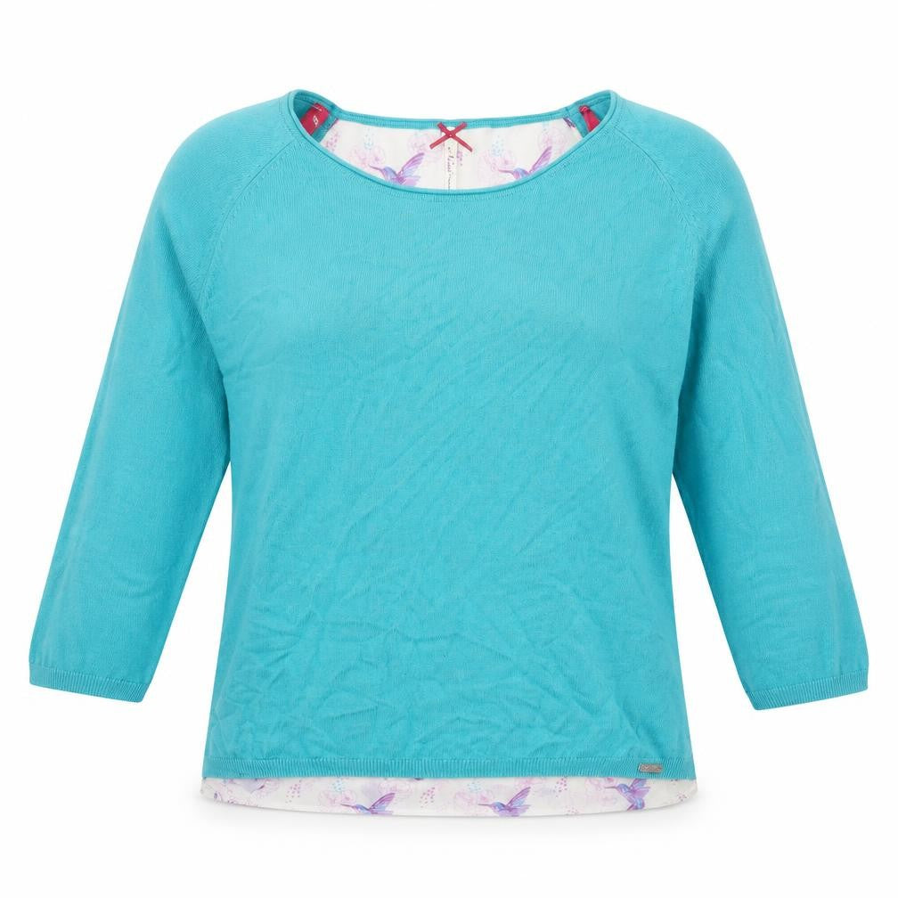 Front view of Nessa women’s blue geometric nylon basic blouse, size L, boat neck - bird print