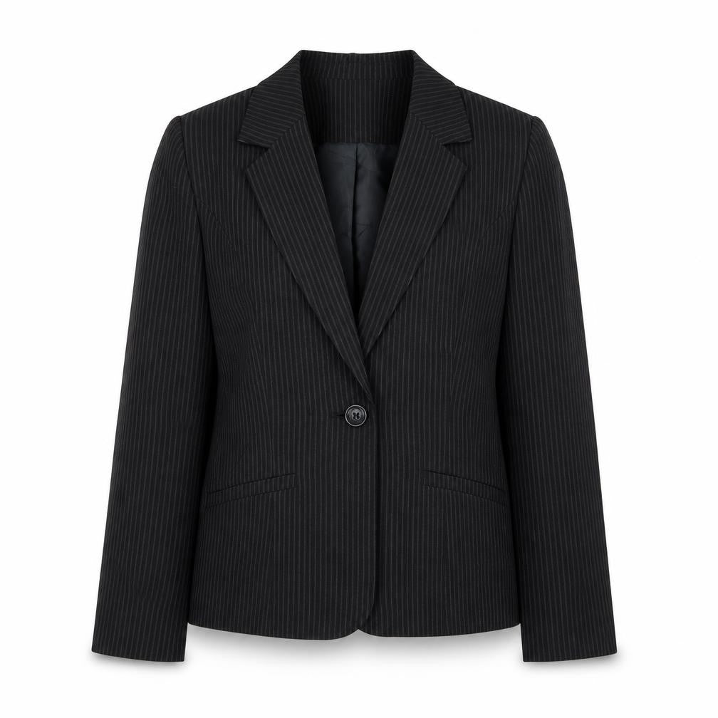 Front view of Papaya women’s black striped polyester jacket blazer, size UK 16