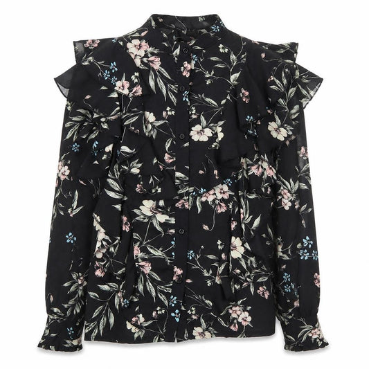 Front view of Elli White women’s black floral polyester basic button-up, size S, collared