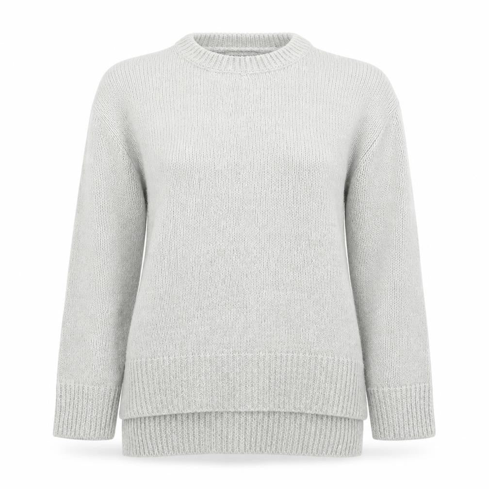 Front view of New Look women’s grey round neck acrylic jumper, size S