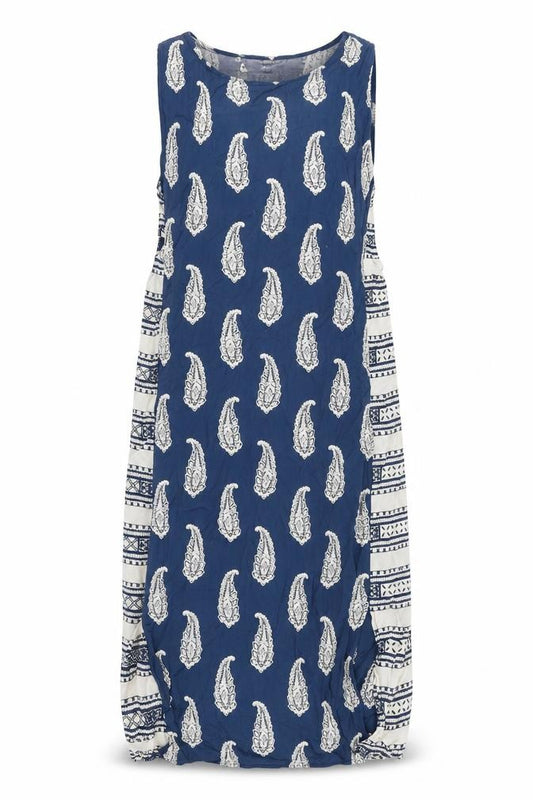 Front view of ASOS women’s blue geometric polyester tank dress, size UK 12, round neck pullover