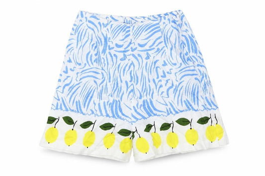 Front view of Preworn women’s blue geometric 100% cotton culotte shorts, size UK 24, in regular zip - lemon print
