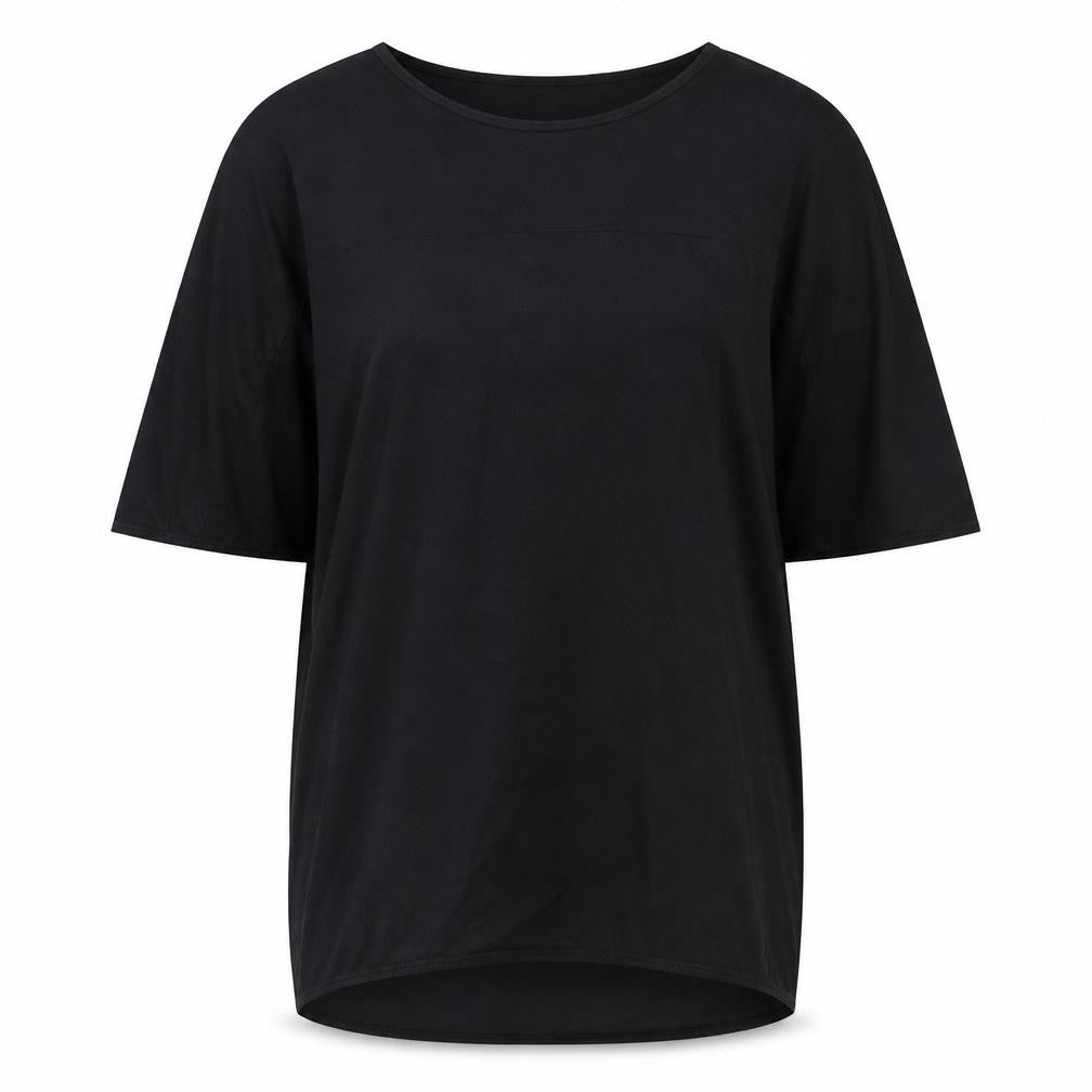 Front view of COS women’s beige viscose basic t-shirt, size UK 6, round neck