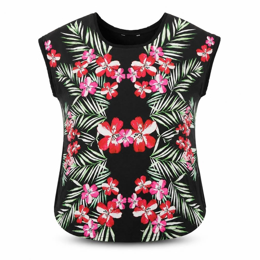Front view of Peacocks women’s black floral polyester basic blouse, size UK 16, round neck