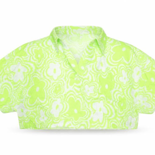 Bershka Womens Green Floral 100% Cotton Cropped Blouse Size 10 Collared