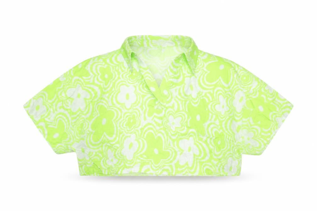 Bershka Womens Green Floral 100% Cotton Cropped Blouse Size 10 Collared