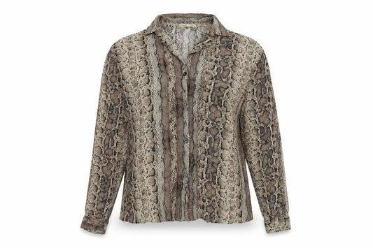Front view of Pull&Bear women’s brown animal print viscose basic button-up, size UK 8, collared - snake print