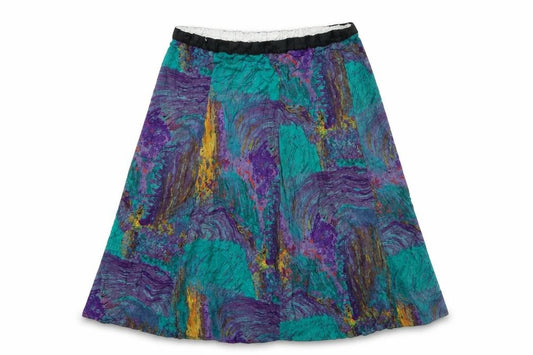 Front view of Preworn women’s multicoloured geometric viscose swing skirt, size UK 36, in