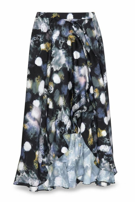 Front view of ASOS women’s blue geometric polyester swing skirt, size UK 10, zip
