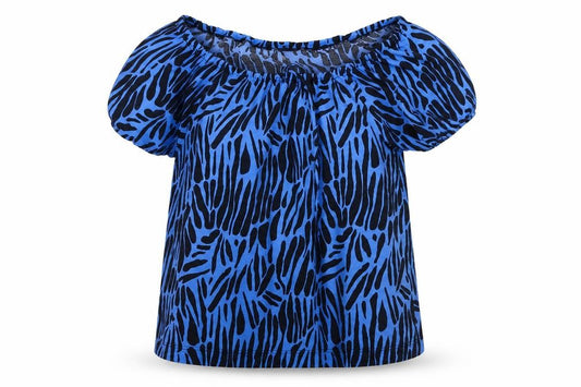 Front view of Next women’s blue geometric viscose basic blouse, size UK 12, boat neck