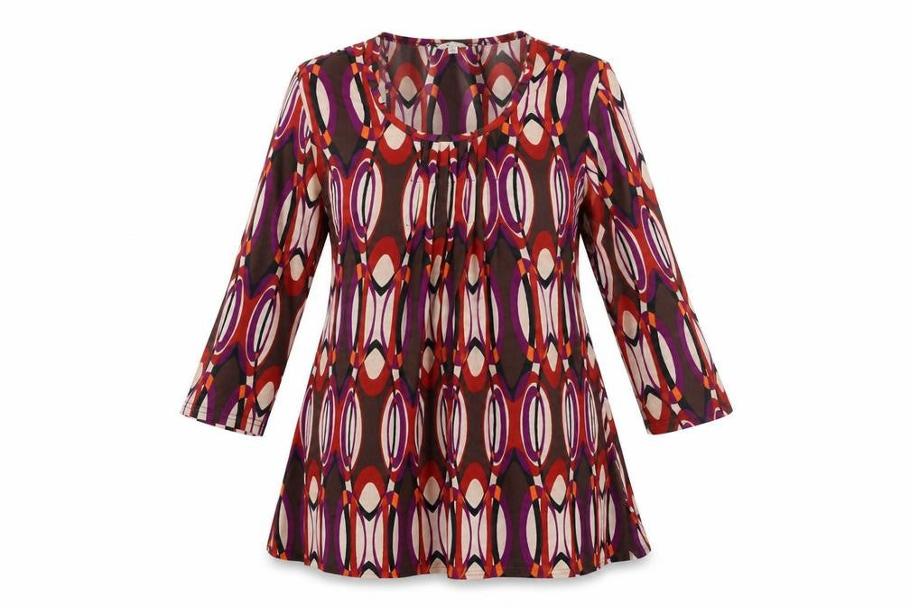 Front view of klass collection women’s brown geometric viscose basic blouse, size M, scoop neck