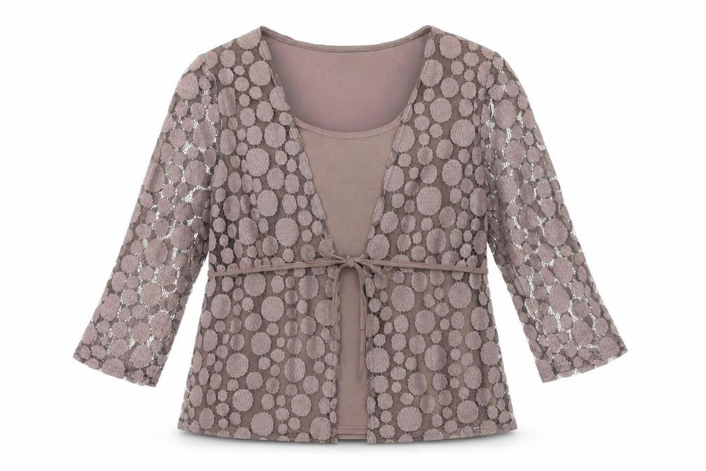 Front view of Bassini women’s brown geometric 100% cotton basic blouse, size S, round neck