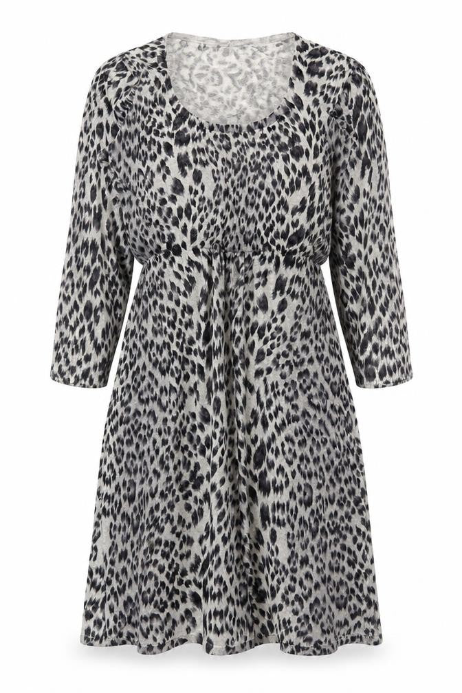 Front view of M&Co women’s grey animal print cotton a-line, size S, round neck pullover - leopard pattern