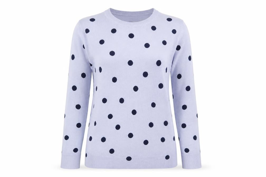 Front view of Marks & Spencer women’s blue round neck polka dot acrylic jumper, size UK 10