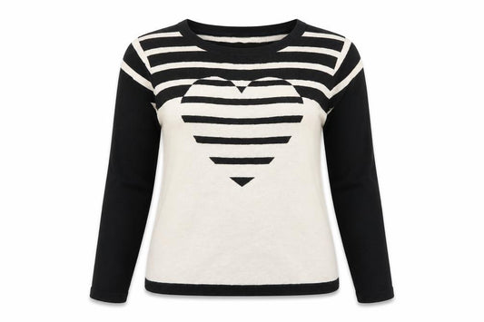 Front view of Debenhams women’s multicoloured scoop neck striped cotton jumper, size UK 12, - heart