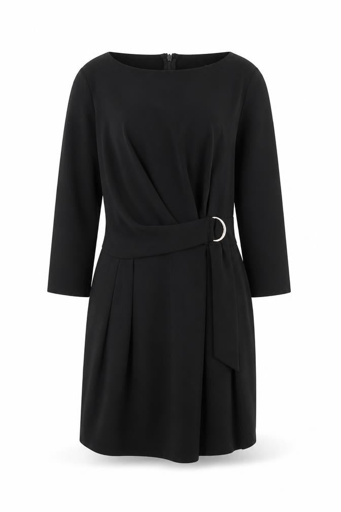 Front view of Miss Selfridge women’s black herringbone polyester a-line, size UK 8, round neck zip