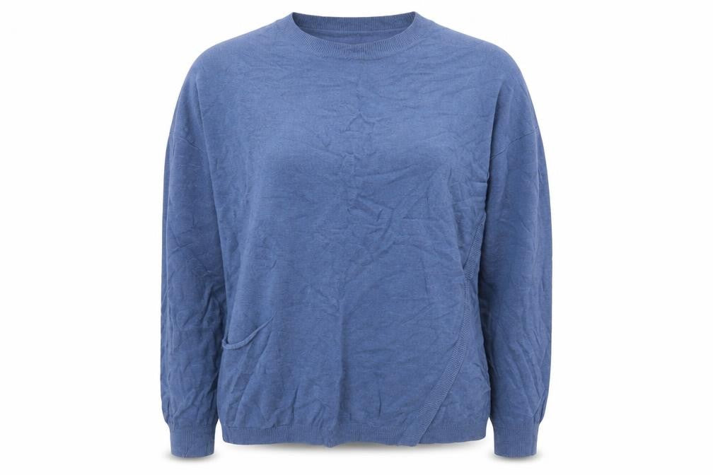 Front view of Preworn women’s blue scoop neck viscose jumper, size L