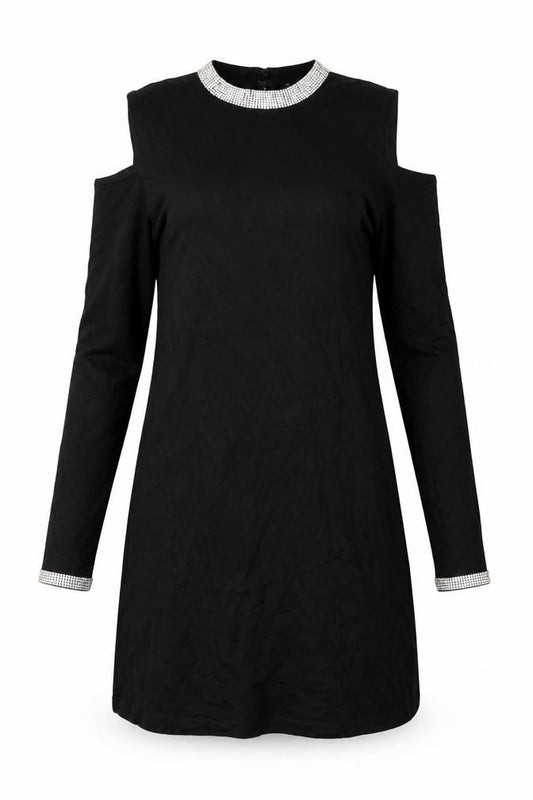 Front view of Warehouse women’s black viscose a-line, size UK 10, round neck hook & eye - cold shoulder