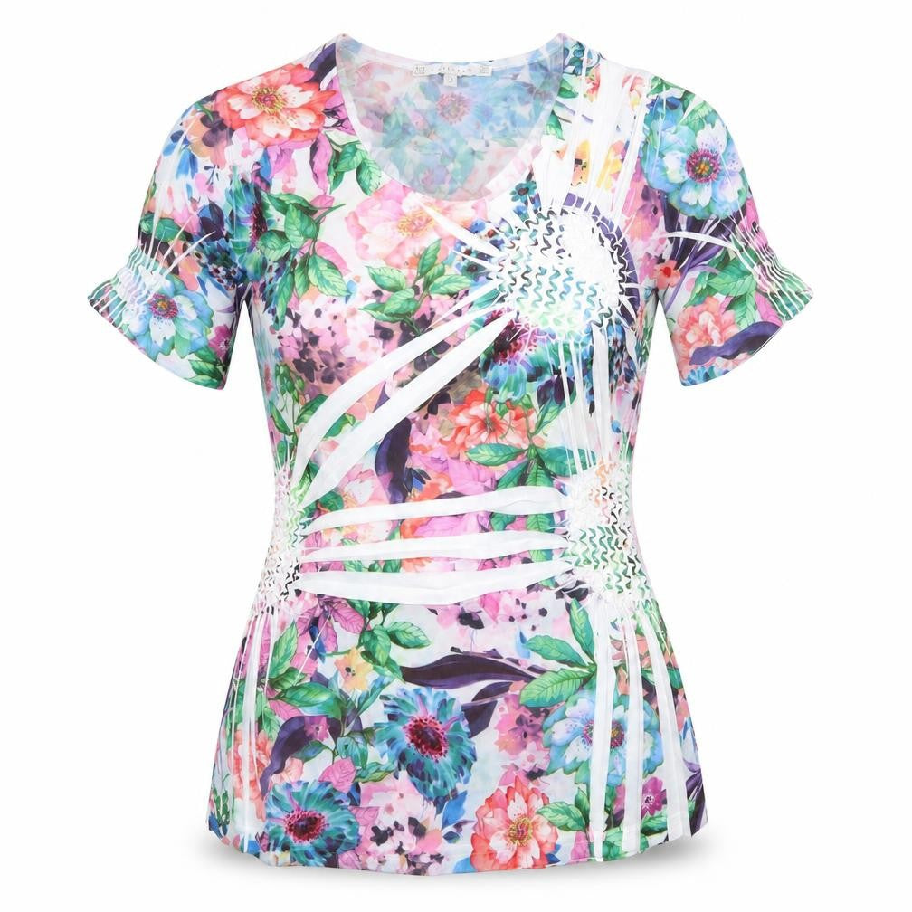 Front view of Lakeland women’s multicoloured floral polyester basic t-shirt, size S, scoop neck