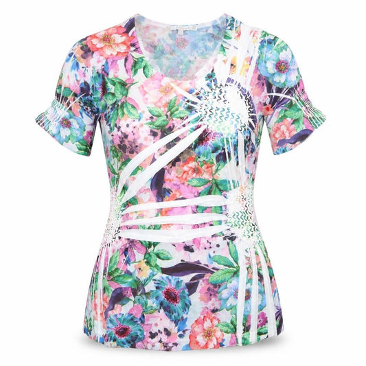 Front view of Lakeland women’s multicoloured floral polyester basic t-shirt, size S, scoop neck