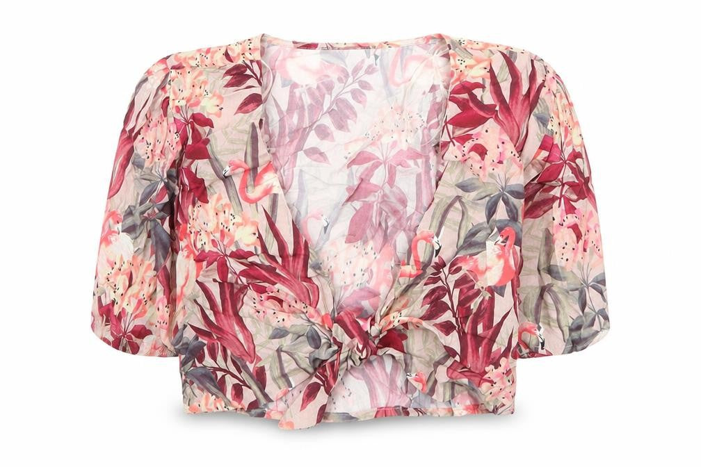 Front view of Zara women’s pink floral viscose basic blouse, size S, v-neck