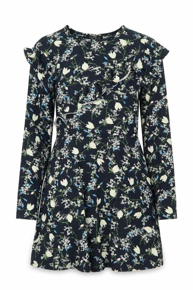 Front view of Topshop women’s blue floral viscose a-line, size UK 8, round neck pullover