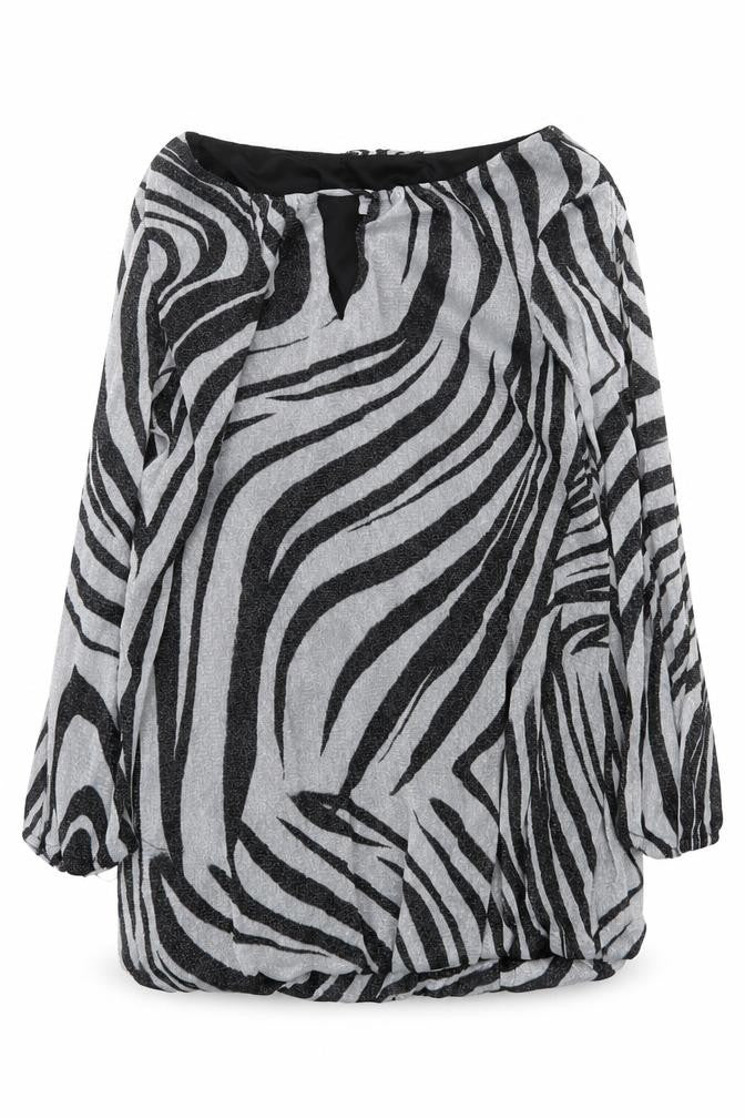 Front view of Preworn women’s silver animal print polyester basic blouse, size UK 8, boat neck