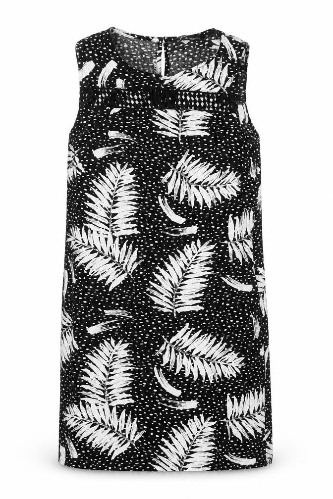 Front view of Capsule women’s black geometric viscose shift, size UK 10, boat neck button - leaf pattern