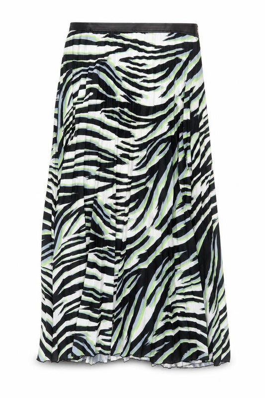 Front view of Sonder Studio women’s multicoloured animal print polyester pleated skirt, size UK 12, zip - zebra pattern