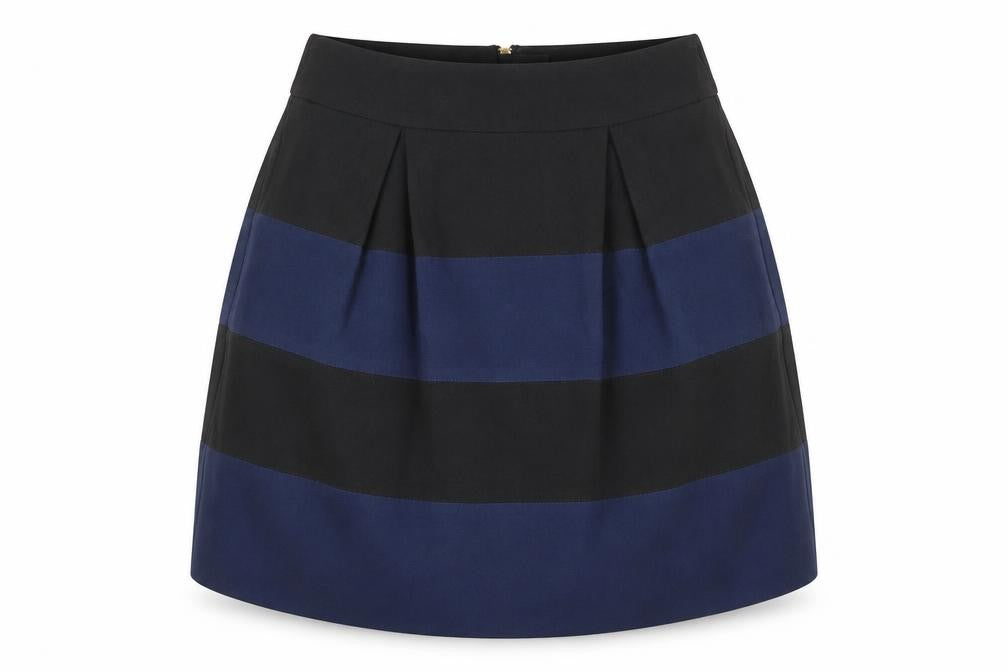 Front view of Kookai women’s blue polyester tulip skirt, size UK 8, zip - colourblock