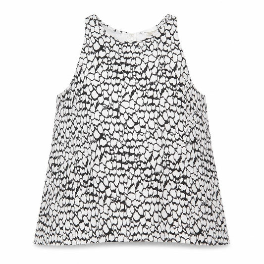 Front view of Dalia women’s black geometric polyester basic tank, size S, boat neck