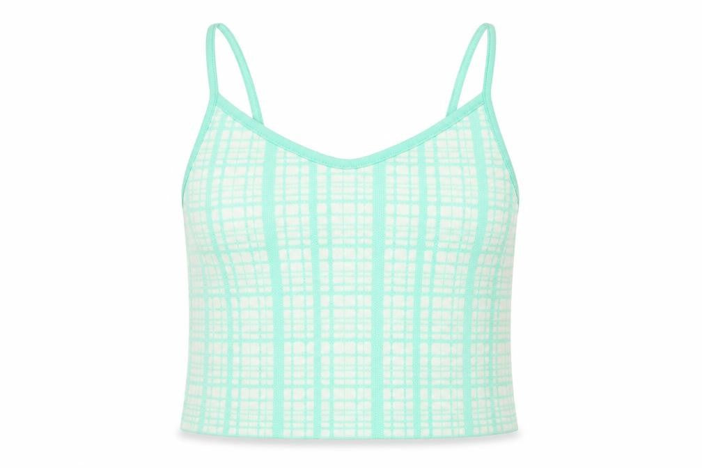 Front view of Primark women’s green plaid acrylic basic tank, size S, v-neck