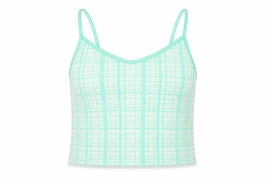 Front view of Primark women’s green plaid acrylic basic tank, size S, v-neck