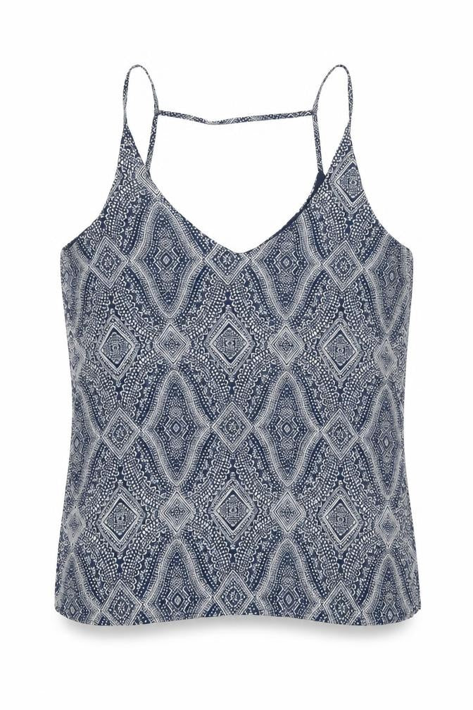 Front view of H&M women’s blue geometric polyester camisole tank, size UK 14, v-neck