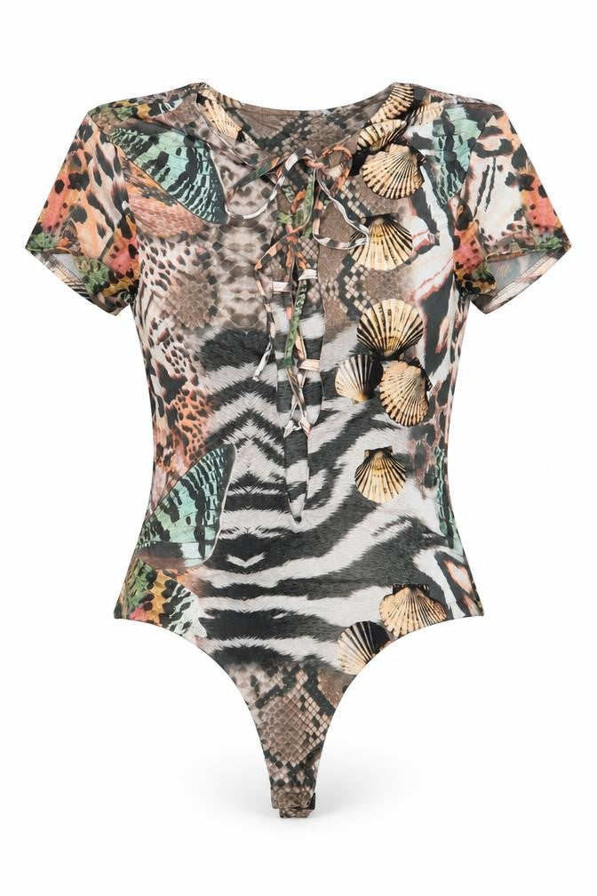 Missguided Womens Multicoloured Animal Print Polyester Bodysuit One-Piece Size 12 Tie