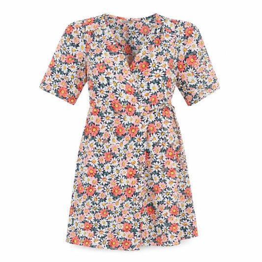 Front view of Only women’s multicoloured floral polyester wrap dress, size UK 8, v-neck tie