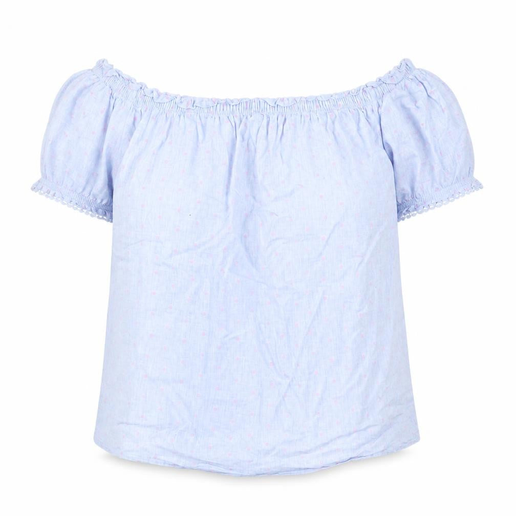 Front view of Papaya women’s blue polka dot 100% cotton basic blouse, size UK 14, boat neck