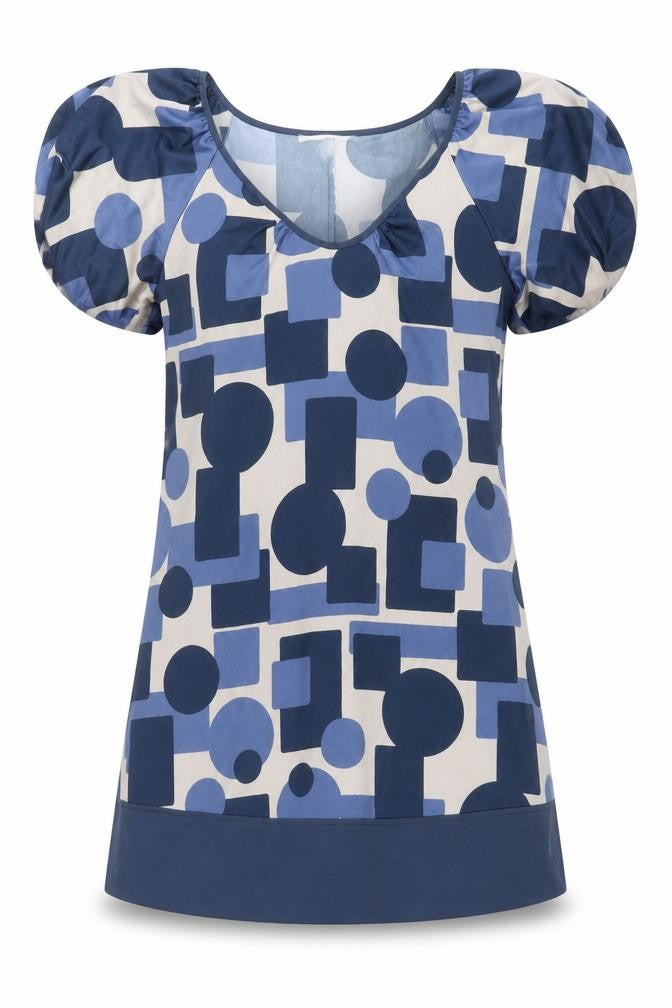Front view of AMARANTO women’s blue geometric polyester shift, size UK 12, v-neck pullover